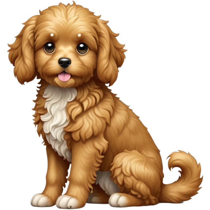 cinematic-[cavoodle dog]-realistic-full-body-sitting-emoji,-tail-resting-loosely-beside-its-paws,-head-tilted-dramatically,-very curly-[solid golden]-fur,-simplified-yet-realistic-focused-features,-highly-detailed,-glowing-with-an-almost-sarcastic-glow emoji
