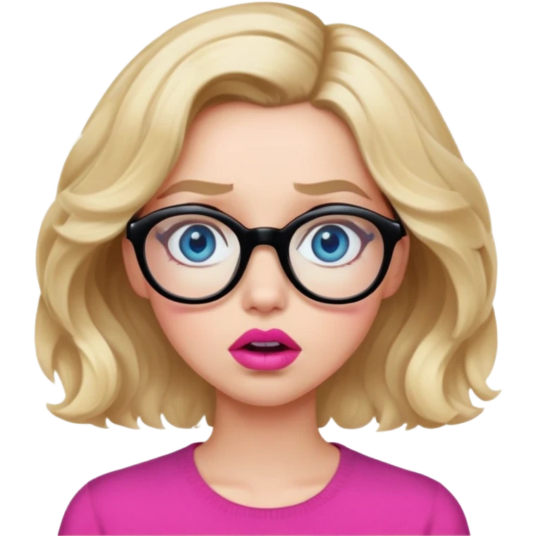 Blonde woman with short wavy hair, blue eyes and pink lips wearing black glasses looking very shocked emoji