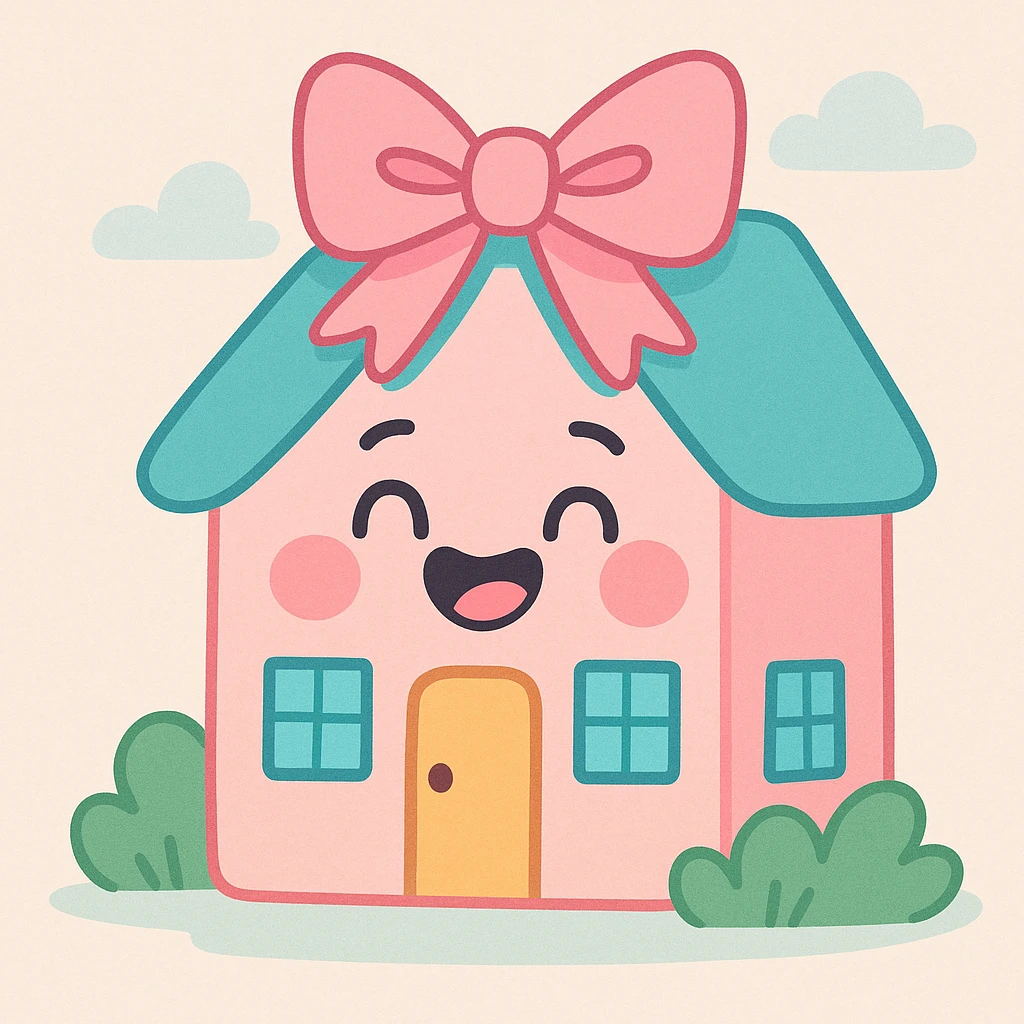 a pastel house with a bow on the roof, soft and whimsical, gentle colors emoji
