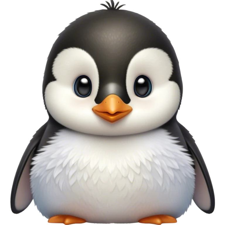 Cinematic Cute Baby Penguin Portrait Emoji, Head tilted playfully and inquisitively, with irresistibly fluffy plumage accented by a tiny beak and round, sparkling eyes filled with wonder, Simplified yet irresistibly adorable features, highly detailed, glowing with a warm, friendly polar glow, high shine, affectionate and lively, stylized with a touch of whimsical charm, bright and endearing, soft glowing outline, capturing the essence of a mischievous yet loving penguin that feels like it could slide out of the screen into your arms! emoji