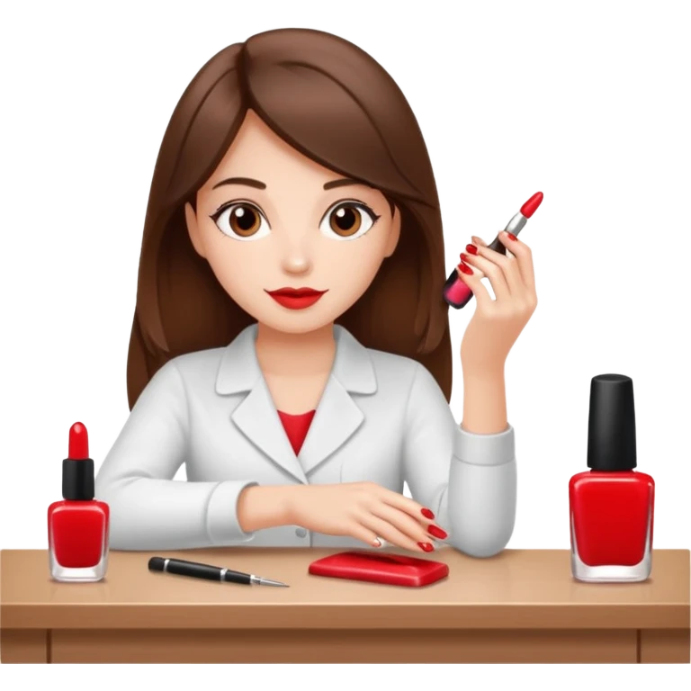 A realistic illustration of a girl with medium-length thick brown hair sitting at a manicure table.
 emoji