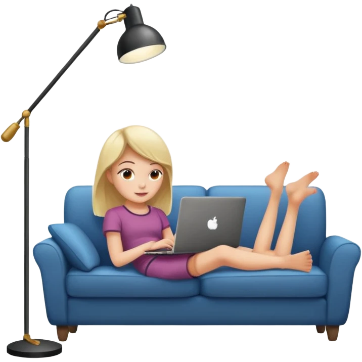 A girl is working with a laptop while lying on a sofa, with a floor lamp to the right. emoji