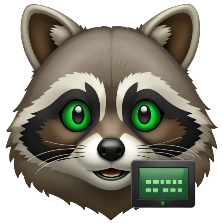 Raccoon face with black computer terminal window in background. The terminal window displays code in green and black. emoji