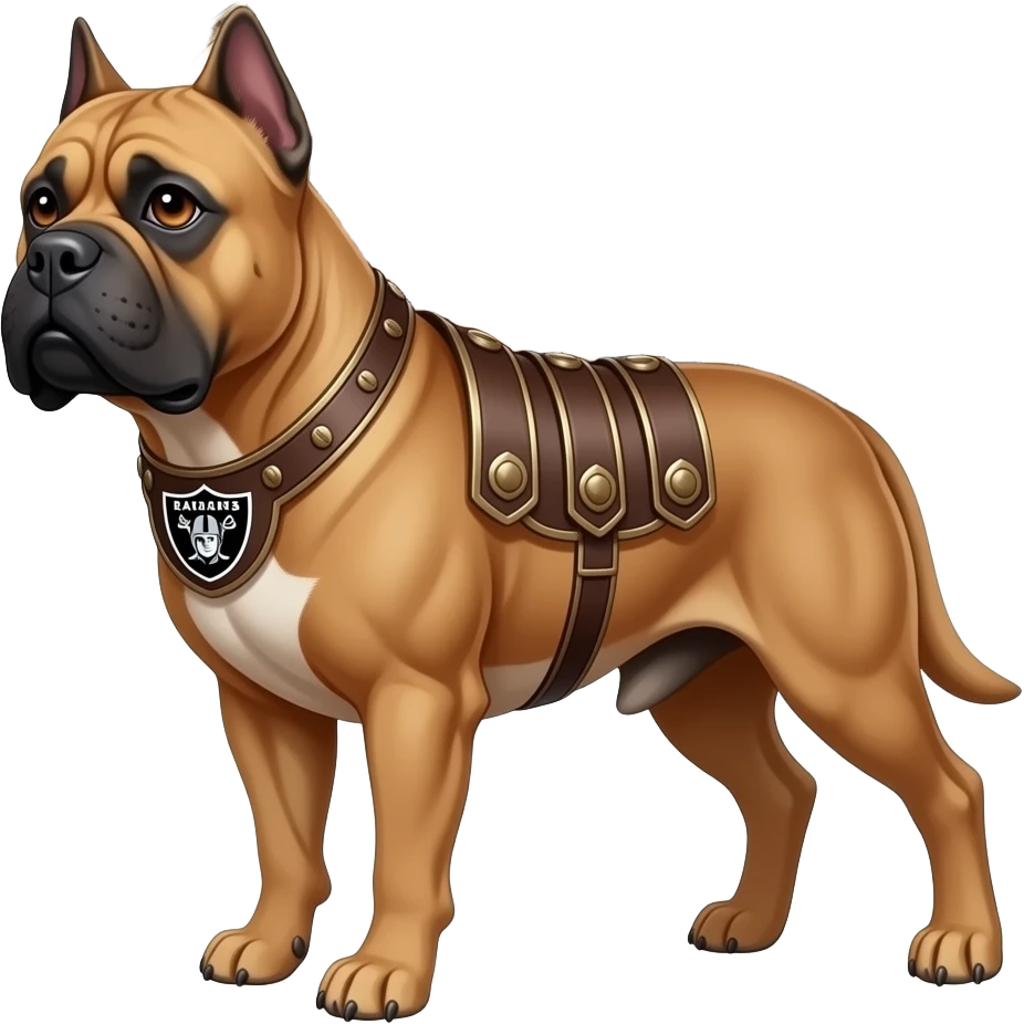 A cane Corso fawn color clipped ears, chopped tail, five times the muscle dressed like a Roman war dog standing in front of the Oakland Raiders Colosseum emoji