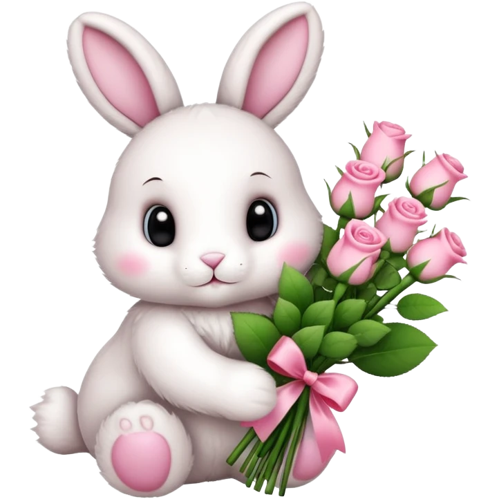 Bunny plush holding bouquet of pink roses  emoji