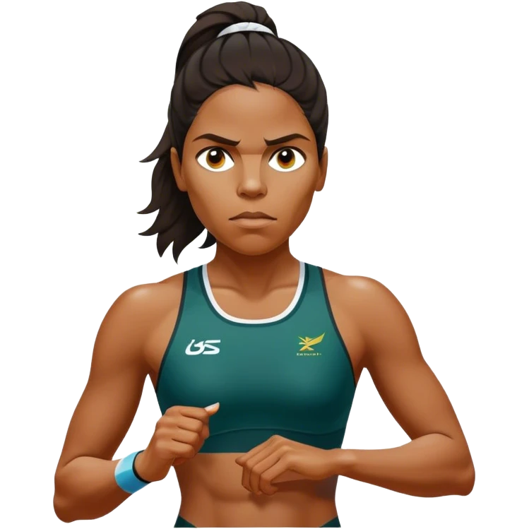 Cinematic Realistic portrait of Cathy Freeman, shown as an iconic Australian athlete with a focused, determined expression and modern athletic attire accented with subtle native motifs, rendered in dynamic, vibrant lighting emoji