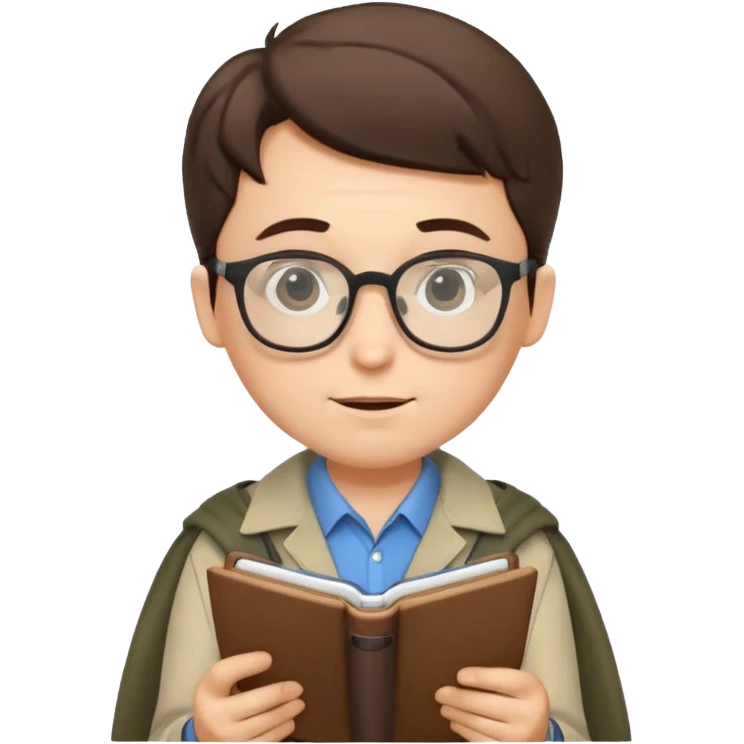 A scholarly explorer with notepad, glasses, and calm analytical demo.
 emoji