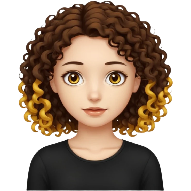Pretty girl, mi-long brown little-little yellow curly 3b, with black top, dark brown eyes no makup, Jolie fille, cheveux curly mi-long marron, et un tout petit peu blond sur les pointe, emoji