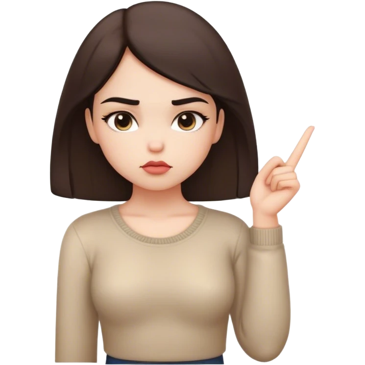 A cute girl with a pouty expression, eyebrows slightly furrowed, lips pushed out, and one hand on her hip while the other points confidently toward the sky. The background is minimal, with a soft glow highlighting her gesture. emoji