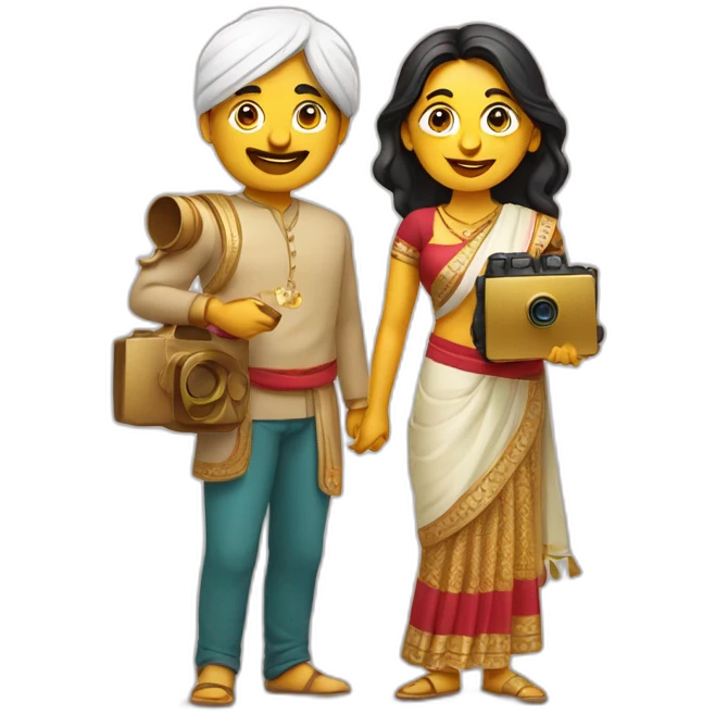 Indian golden modern man and woman with camera in one hand and food in other hand, happy smiling emoji