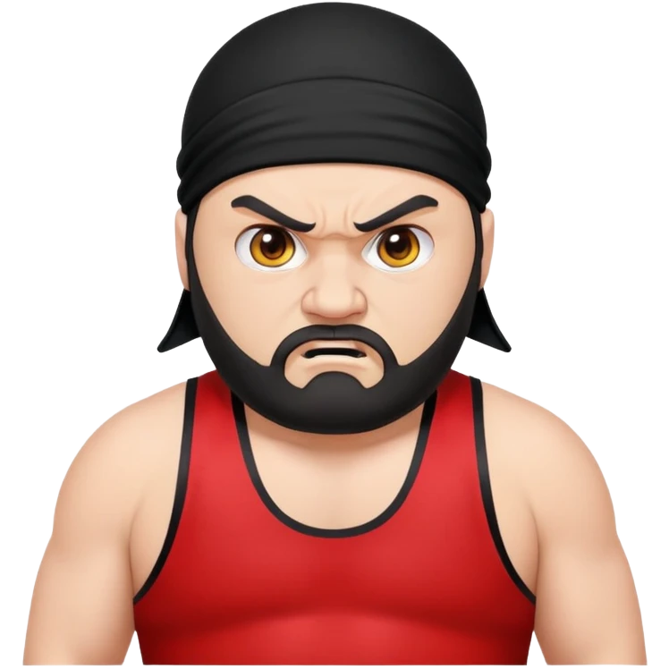 White skin fat guy with black durag, black beard, black eyes in a red and black wrestling singlet with angry face emoji