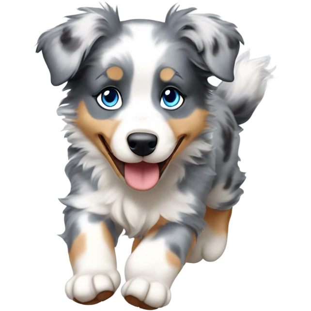 Blue merle australian shepherd puppy with mostly light grey fur with blue eyes running emoji