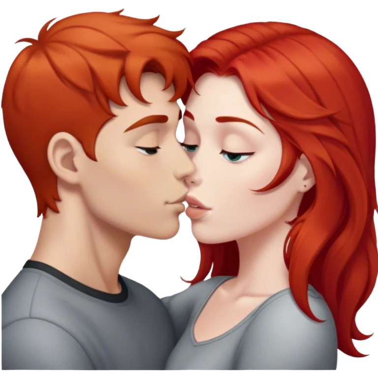 Long red hair woman kissing young man with short gray hair emoji