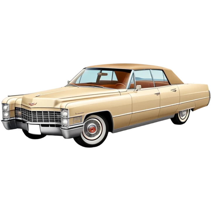 Classic beige 1966 Cadillac DeVille at perfect 30-degree angle, showing detailed front end and sleek side profile, elegant vintage luxury car from Once Upon a Hollywood, iOS emoji style emoji