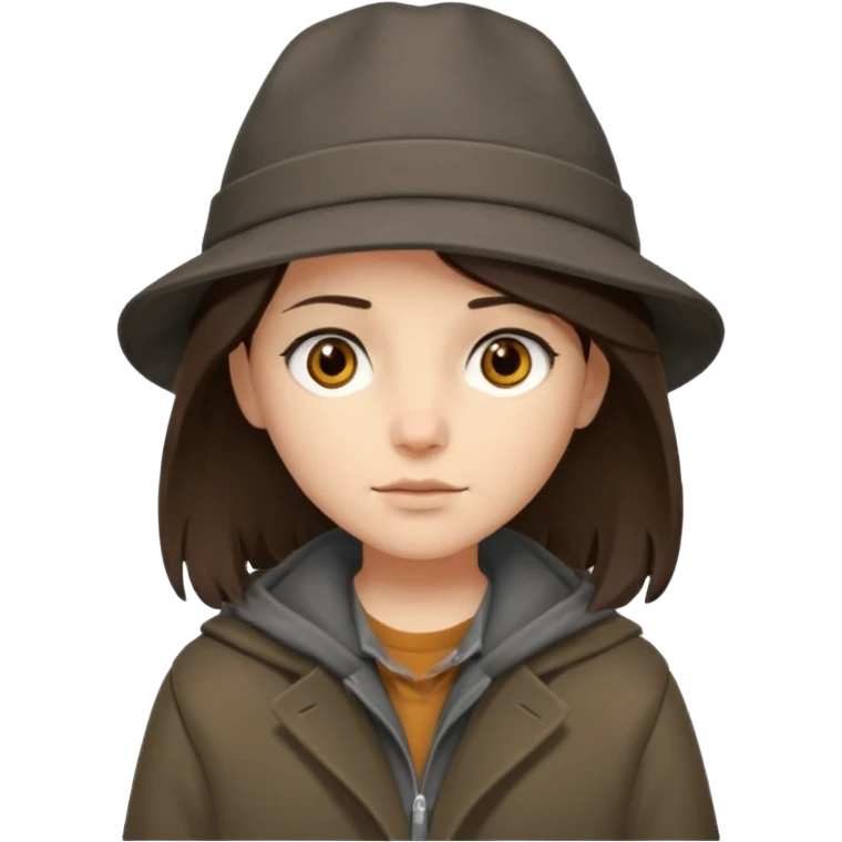 Hobo tomboy with shoulder-length center-parted dark brown hair. brown eyes, dark dull brown coat, grey shirt. emoji