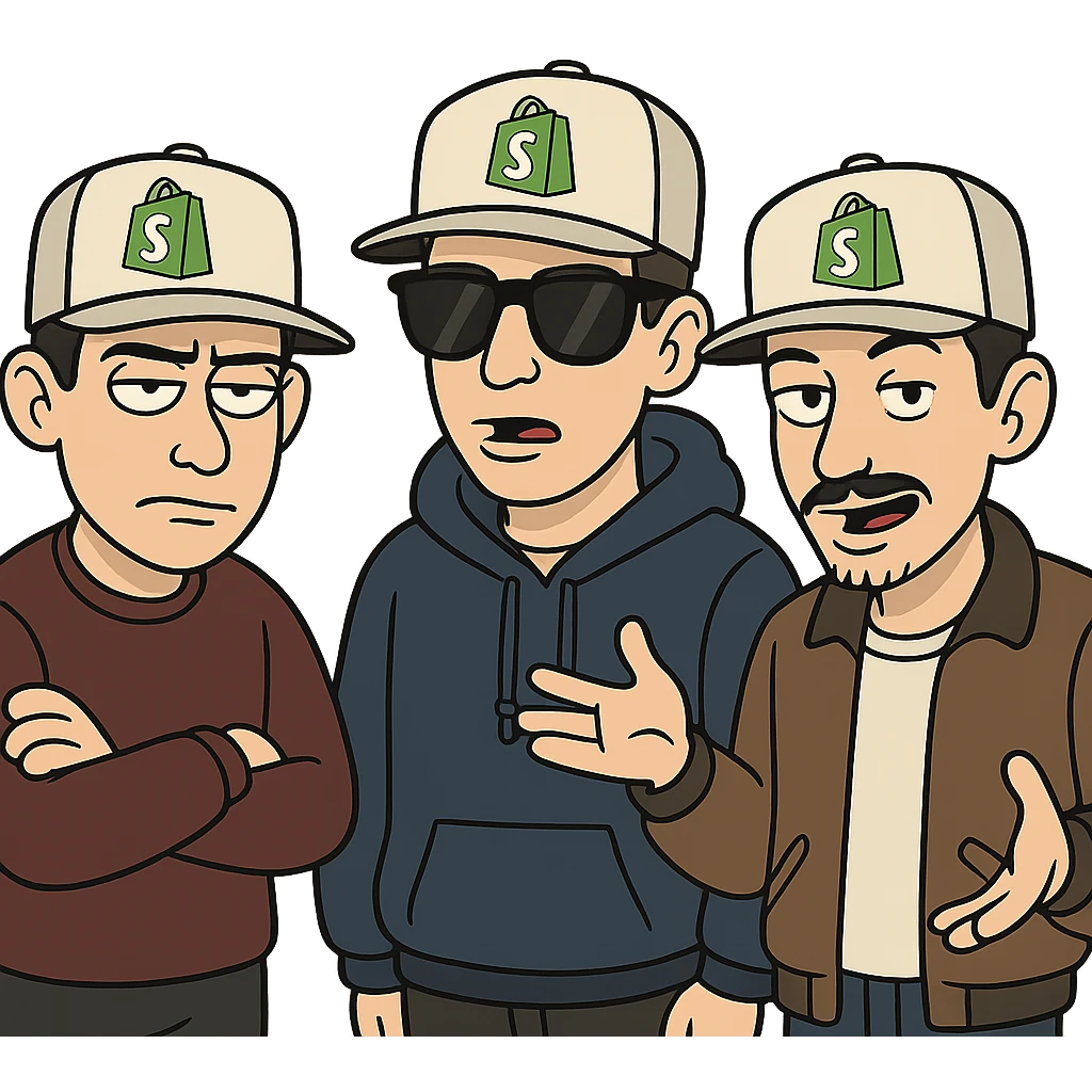 the Beastie Boys wearing hats with the Shopify logo emoji