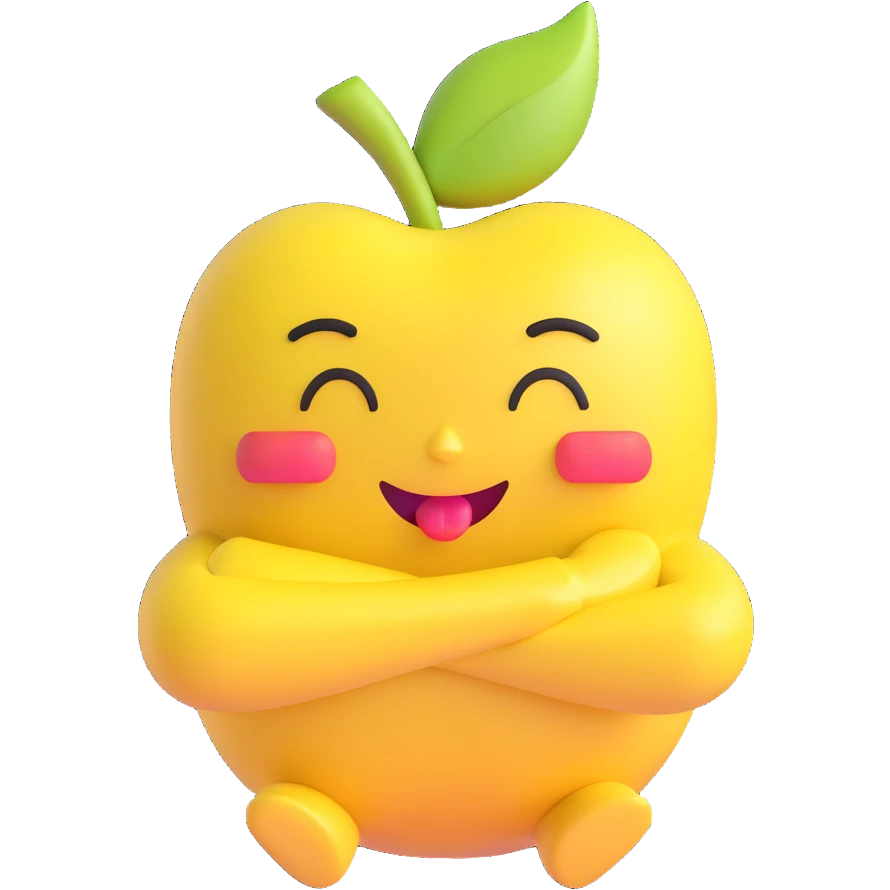 yellow apple emoji, arms crossed around itself as if choking, closed eyes, tongue out emoji