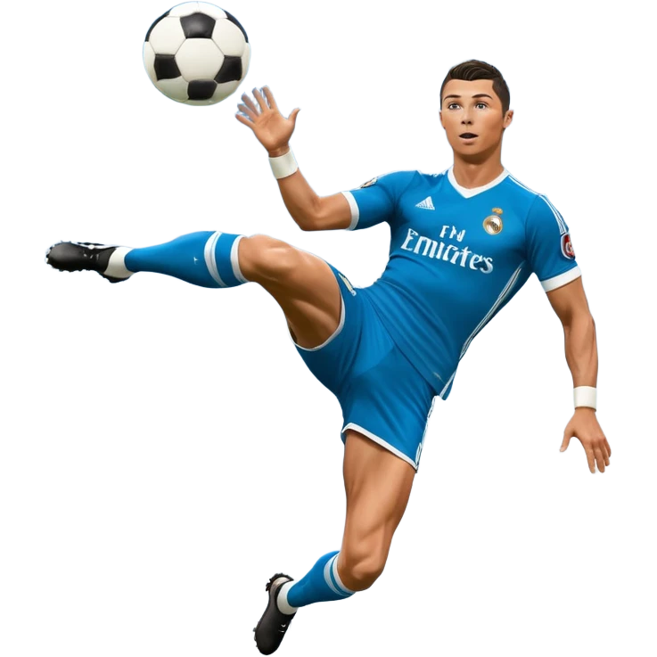 Ronaldo doing a bicycle kick with football in mid air While wearing a Retro blue Real madrid kit and yes i want it to be exactly the same as he Scored it in 2018 vs Juventus  emoji
