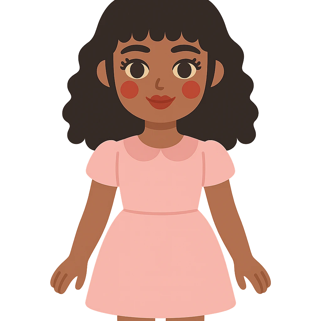 flat toon style personagem de pele parda, cabelos cacheados pretos de comprimento médio com franja, olhos castanhos, maquiagem de boneca, vestido rosa claro emoji
