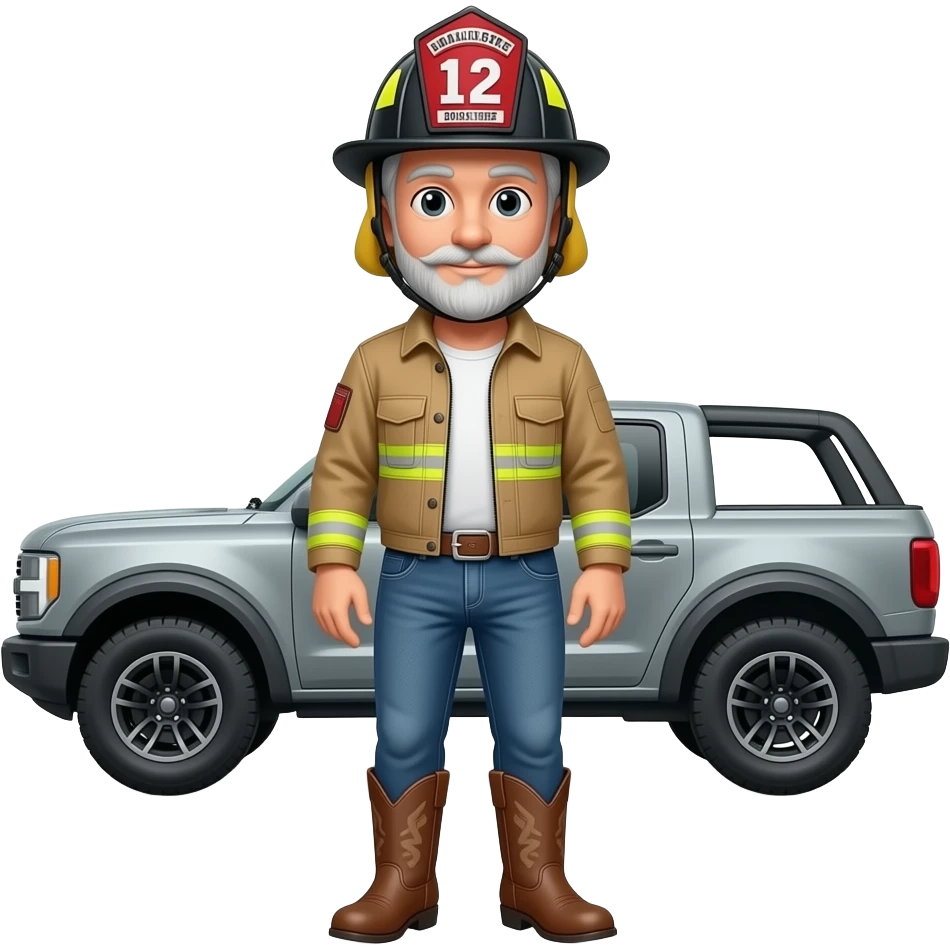 Ford bronco Cartoon emoji-style grey haired man in jeans, cowboy boots, and a firefighter helmet with 12 on the front standing next to marsh gray colored 2025 ford emoji