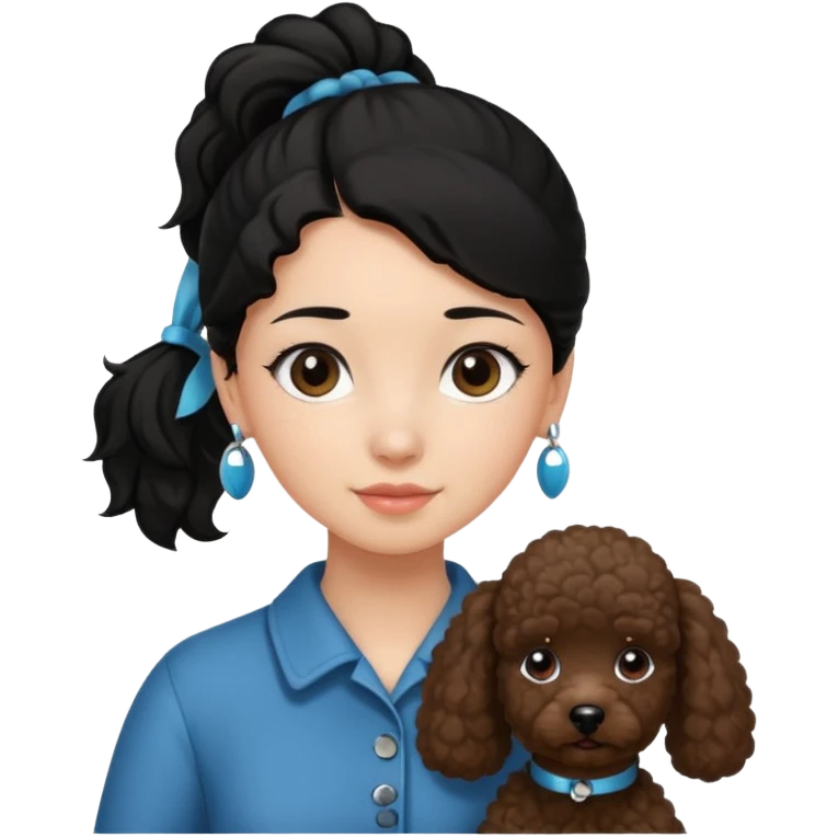 Ponytail black hair girl with brown Poodle say goodbye  emoji
