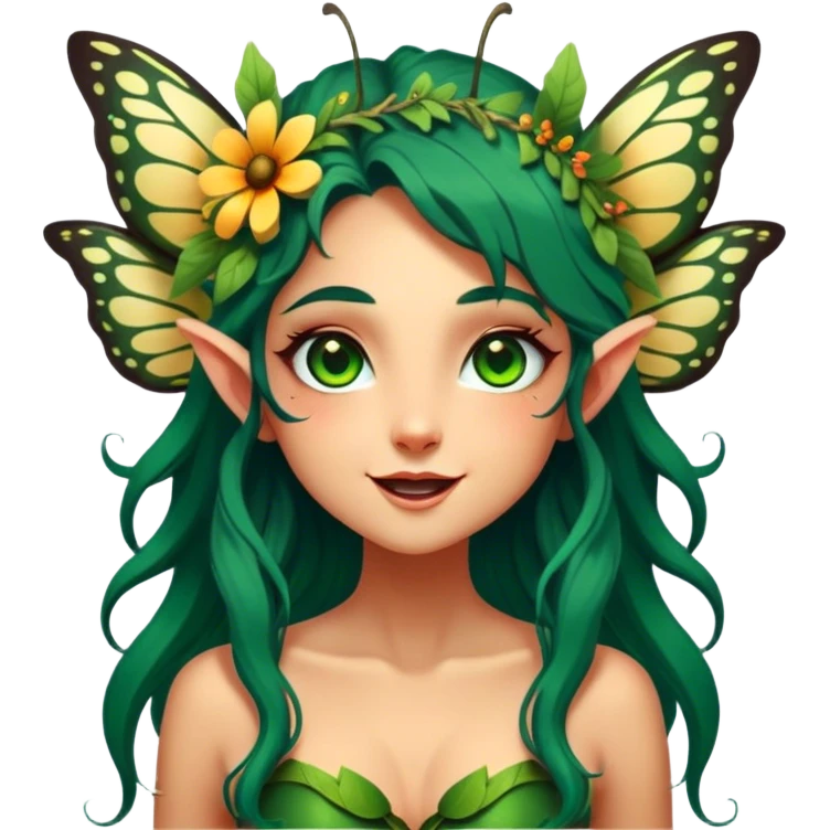 Cinematic Realistic Forest Fairy Portrait, head tilted dramatically with an exaggeratedly amused expression, featuring a striking, nature-infused form with glowing, sun-kissed tanned skin and vividly detailed dark green hair adorned with floral accents. Her expressive eyes brim with playful forest mischief, rendered with vibrant, lifelike textures and dynamic dappled lighting that conveys a spirited, over‐the‐top woodland whimsy showing her large butterfly wings from her back. emoji