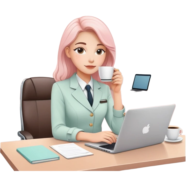 professional woman with a badge sitting at a modern desk, open laptop, coffee cup, pastel office interior, line art style, soft colors emoji