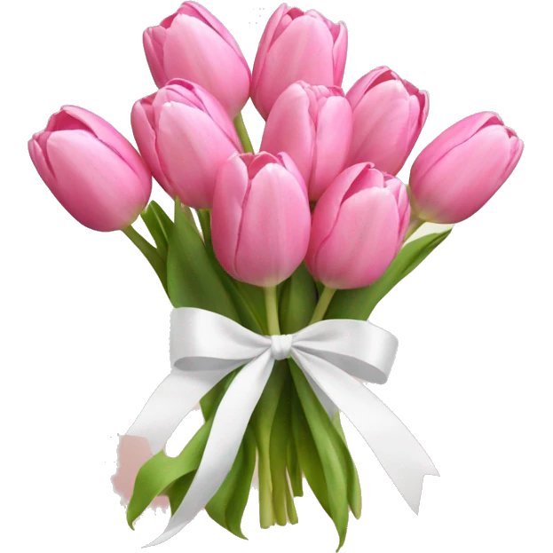 Pink tulip bouquet with white ribbon tied around it emoji