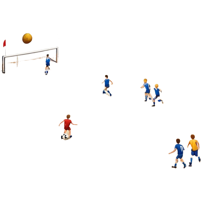 A mini-football match in an indoor sports hall with a wooden floor and clear court markings. The scene captures players in action, with the ball moving towards the goal, and the surrounding bleachers and overhead lights adding to the atmosphere of a competitive game. emoji