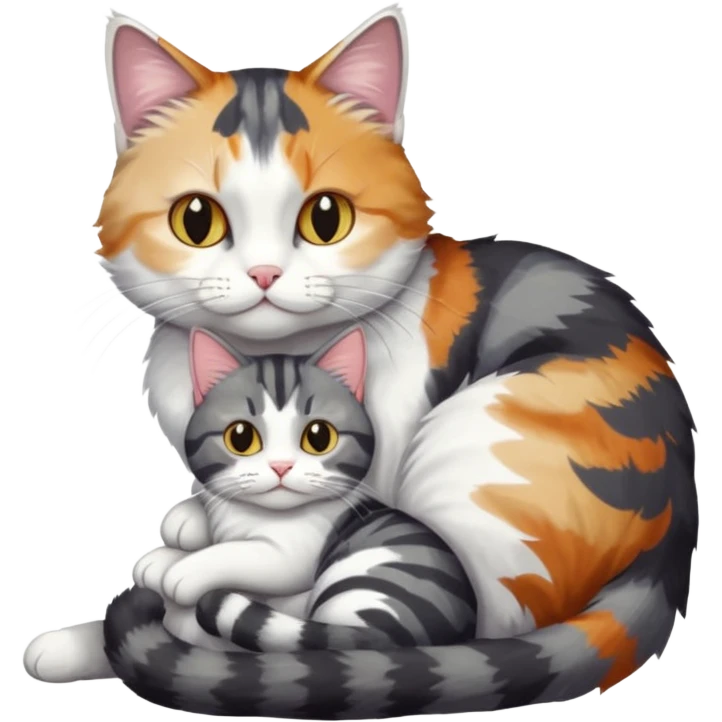 full body colourful light patched calico + white tabby cat cuddling a bigger cat that is dark grey and white tabby cat  emoji