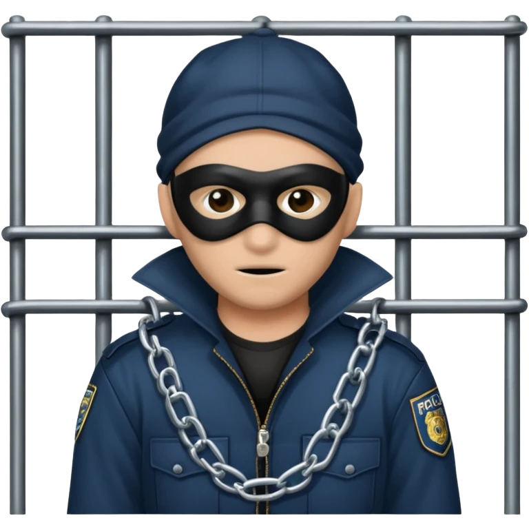 emoji of a thief behind bars with a lock, police, chains, mask, and prison elements, clear and expressive style emoji