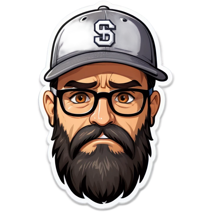 A man with a grey baseball cap, hazel eyes, big dark brown beard and glasses, crying emoji