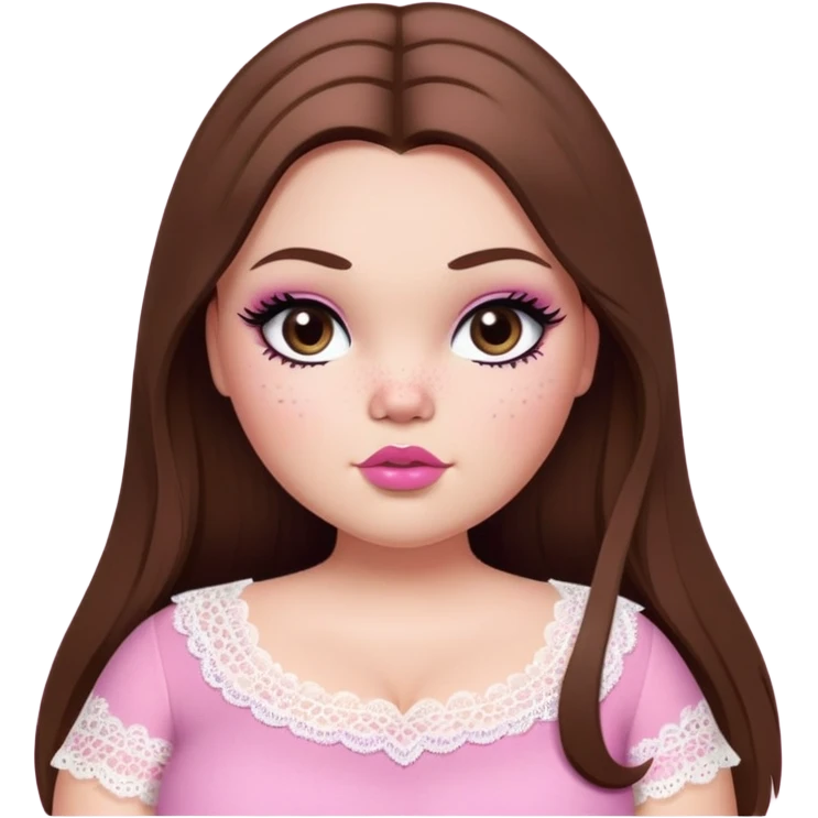 big fat plus size, pretty bratz girl, brown straight hair, freckles, dark brown eyes, pink lips, black eyeliner, pale skin, cute lace girly clothes emoji