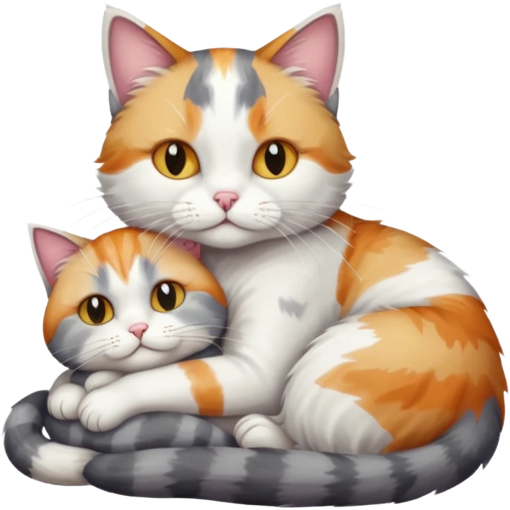 full body colourful light patched calico + white tabby cat cuddling a grey and white cat  emoji