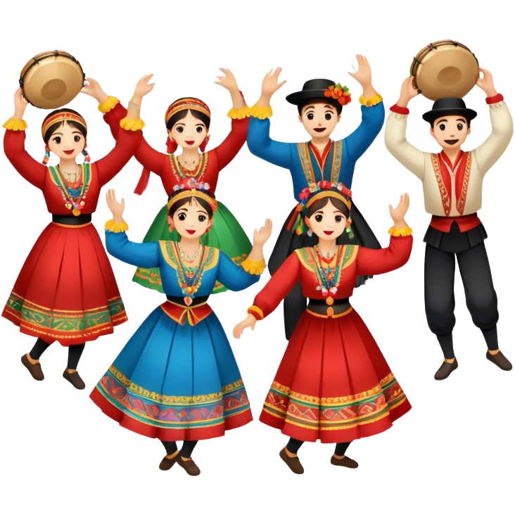 Icon for Folk Dance: a group of men and women 4-5 persons in vibrant national costumes, performing a traditional dance. Some dancers hold castanets and tambourines, capturing the energy and cultural heritage of folk dance. Transparent background. emoji