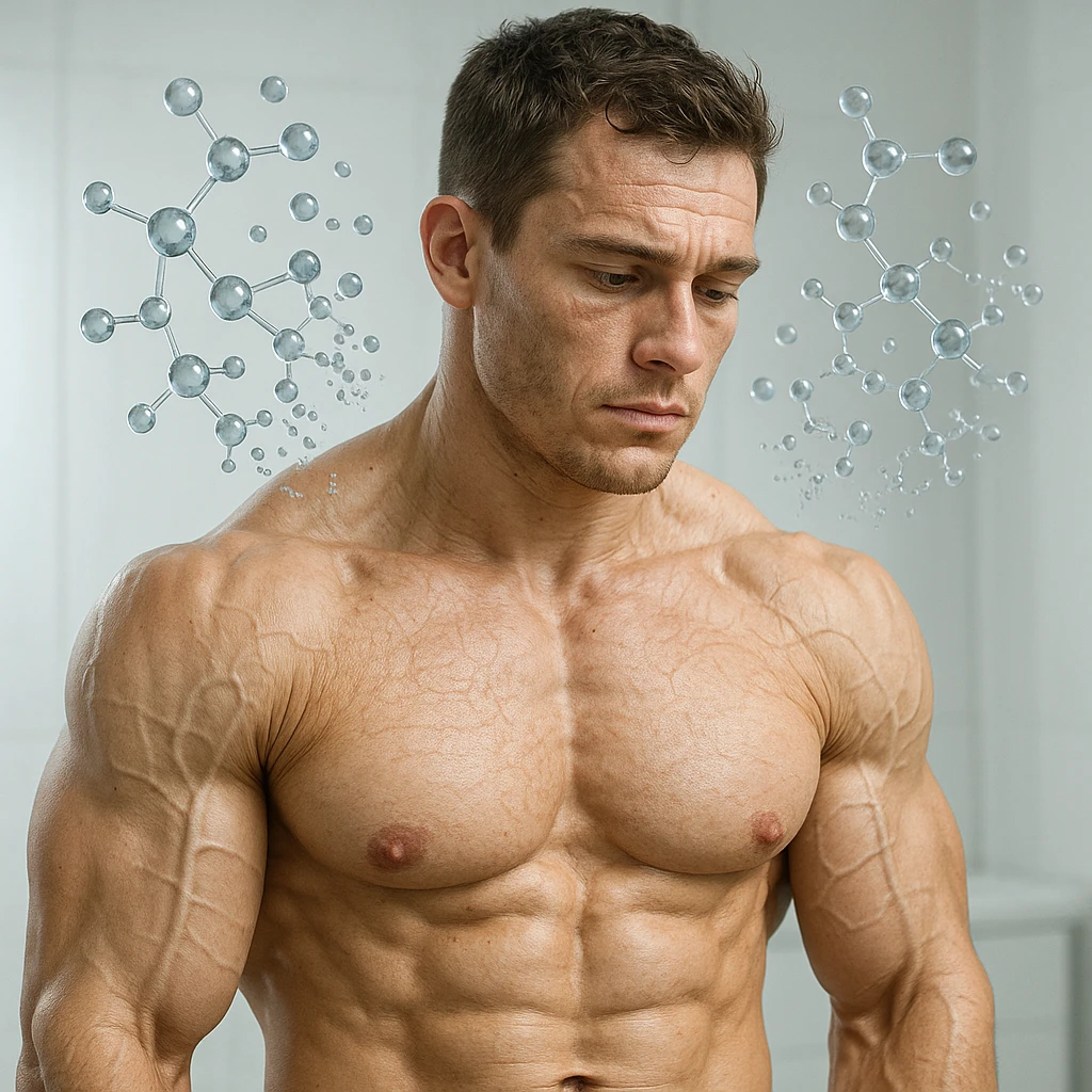 25-year-old bodybuilder with decreasing collagen levels, hyper realistic style, defined muscles, skin with slight wrinkles, collagen molecules dissolving above the skin, clinical atmosphere, light background emoji