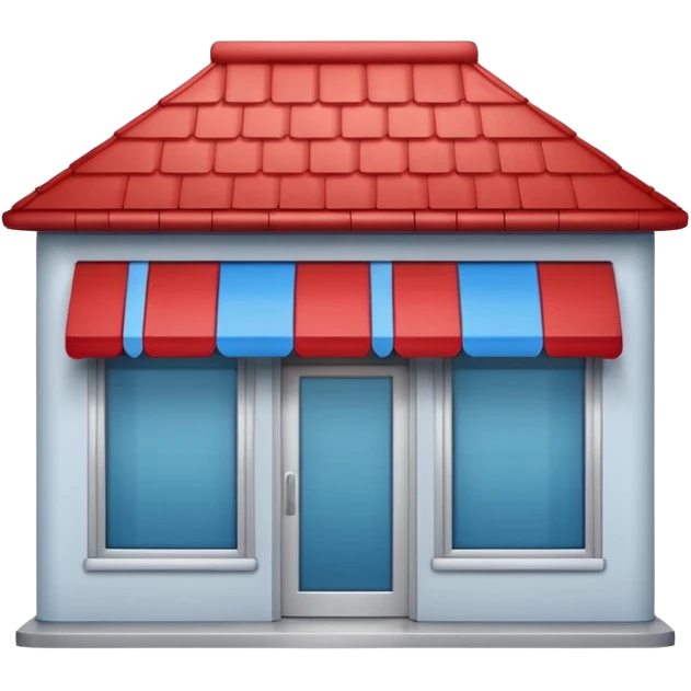 miniature storefront with clean rounded structure, simple peaked red roof, large front windows, sliding glass double doors, light gray walls, blue sign area, no text or logos, subtle shadows, soft lighting, cute and minimal like Apple emojis, front-facing, centered, plain background emoji