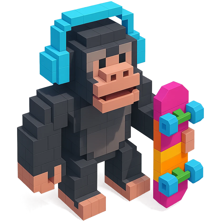 gorilla with headphones holding a skateboard, isometric view, voxel style emoji