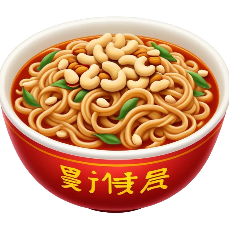 Chongqing Xiaomian spicy noodles with red oil and peanuts, simplified emoji style with bold outlines and bright colors, cartoon style Sichuan street food emoji