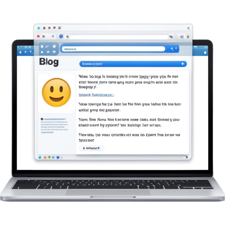 Create an emoji representing blogging as a form of content creation. The design should feature a laptop or desktop computer with an open blog page on the screen, showing visible text and perhaps a photo or graphic. Make the background transparent. emoji