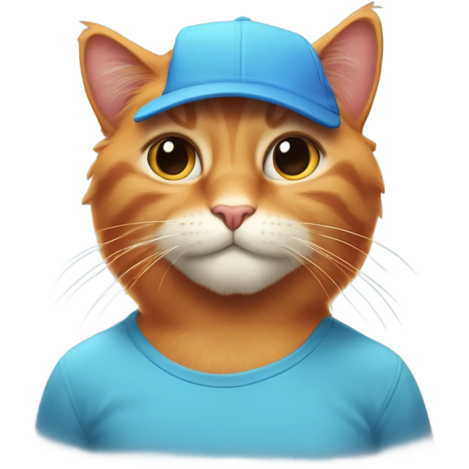 tan-red cat wearing a light-blue t-shirt and a blue base cap taps musical keyboard emoji