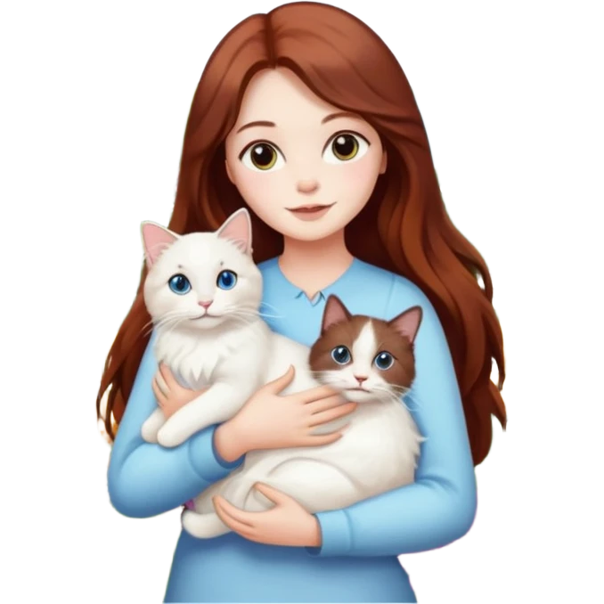A woman with long dark auburn hair holding a white ragdoll cat in the garden of flowers emoji