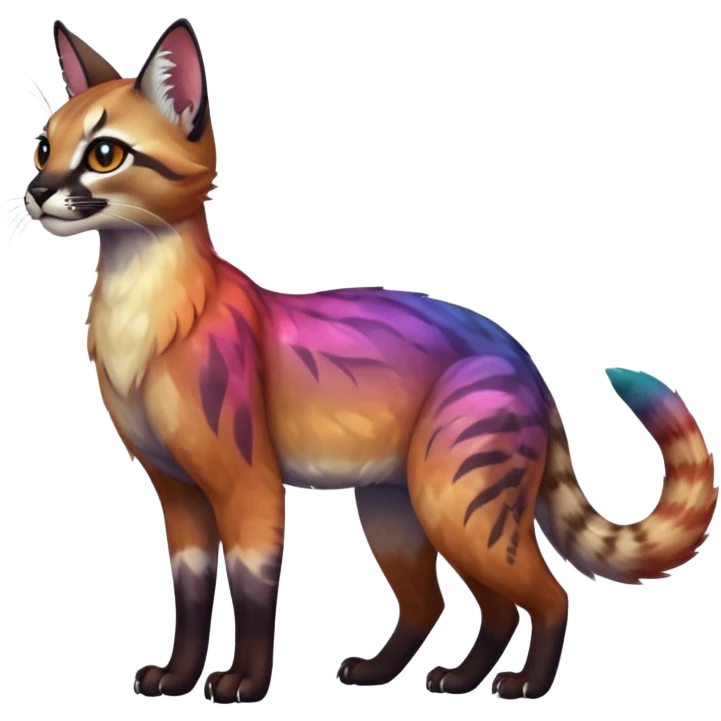 Realistic Colorful pale nebula gradients-colored randomly-colored fruity glorious exotic neon vibrant zigzagged fantasy-caracal-civet-genet-sergal-vernid-Gryphon-Cacomistle-Trico-oncilla-animal-Fakémon-hybrid-fursona (full body), facial markings, (realism style) emoji