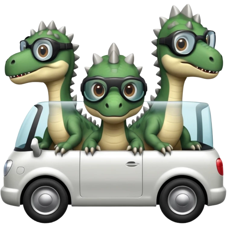 Tres dinosaurios bebés grises subidos en un carro tecnológico blanco con lentes de realidad virtual emoji