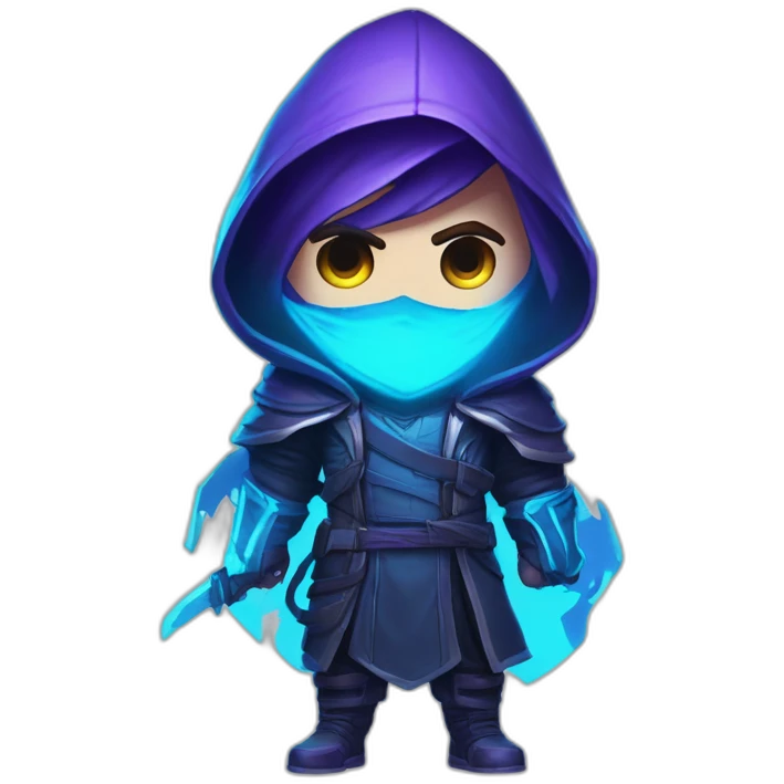 Riot Games Valorant Omen Male neon blue eyes glowing bright blue Video game character blue purple hooded assassin themed character shrouded wraith emoji