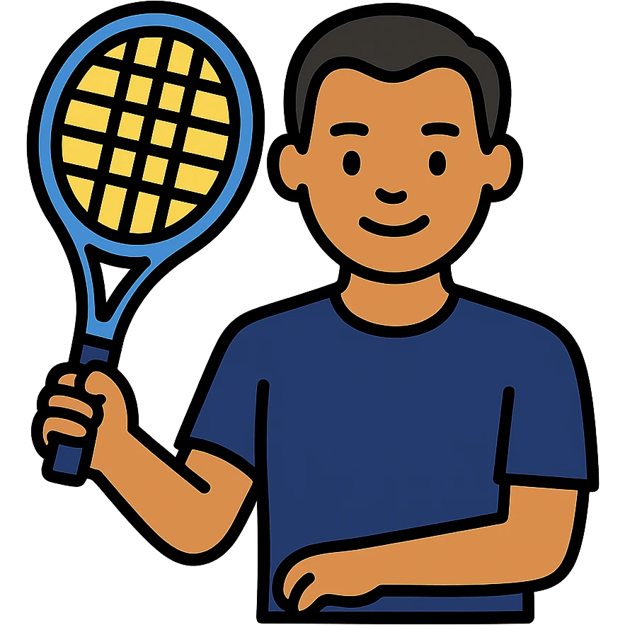 light brown skinned male tennis coach, short straight black hair with widow's peak, oval face, small eyes, smiling, holding blue Yonex tennis racket, wearing dark navy blue dry fit shirt emoji
