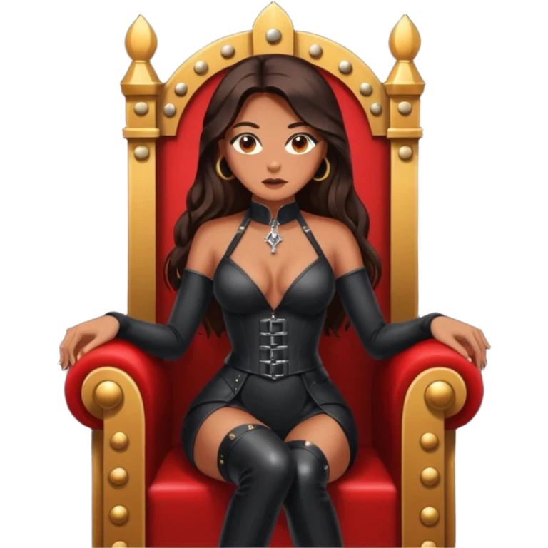 Tan skin with freckles, long dark hair, hazel eyes Dominatrix sitting on a throne emoji