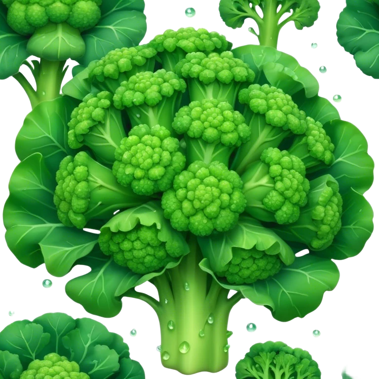 Cinematic lush green broccoli, detailed florets glistening with dewdrops, ultra-fresh and vibrant, soft glowing background, healthy and delicious. emoji