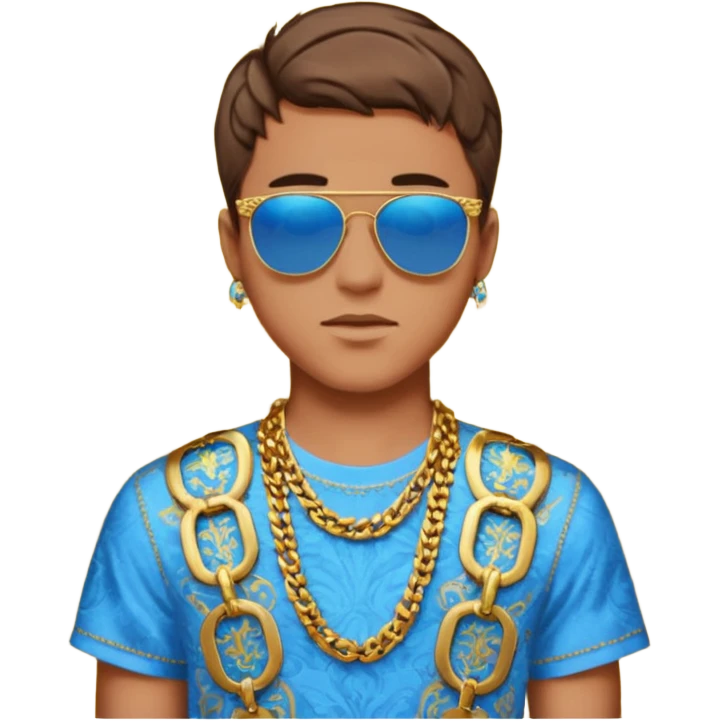 fashionable young man emoji with short brown hair, sunglasses on head, ornate blue and gold Versace shirt, chain necklace, jeans emoji