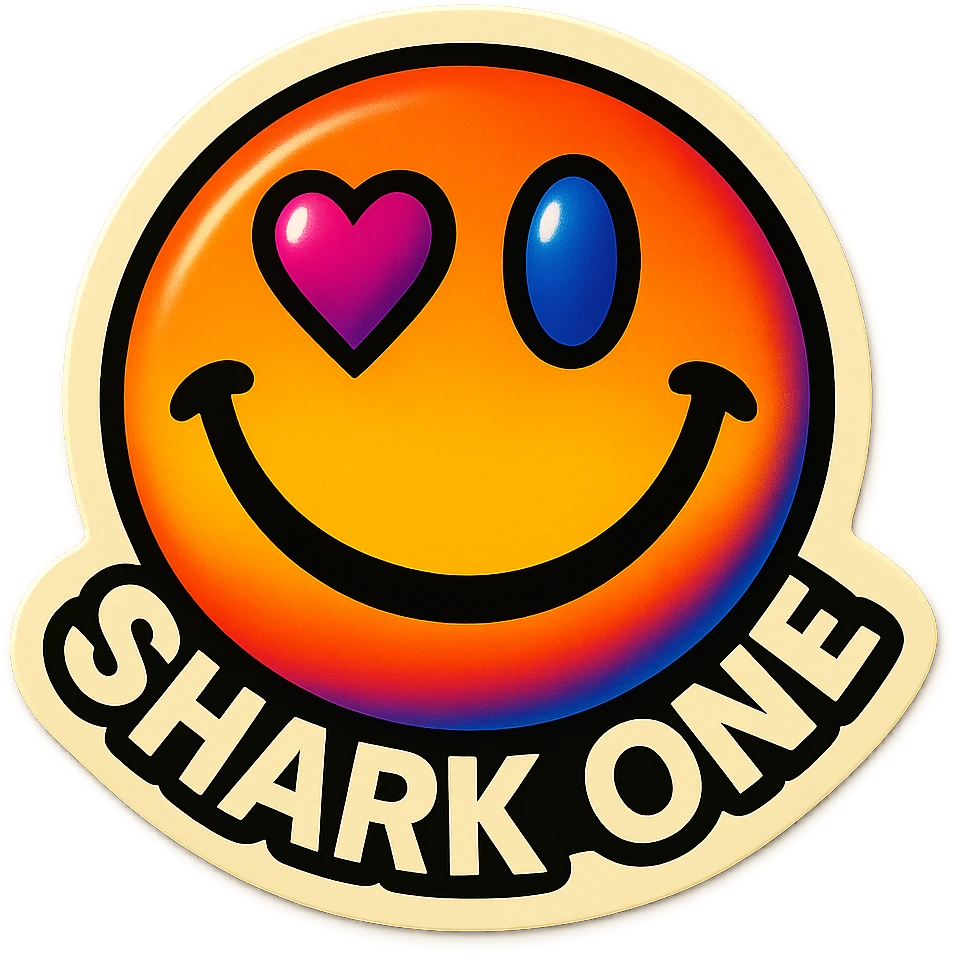 grin
heart shaped eye
add the words “ Shark One " in White emoji